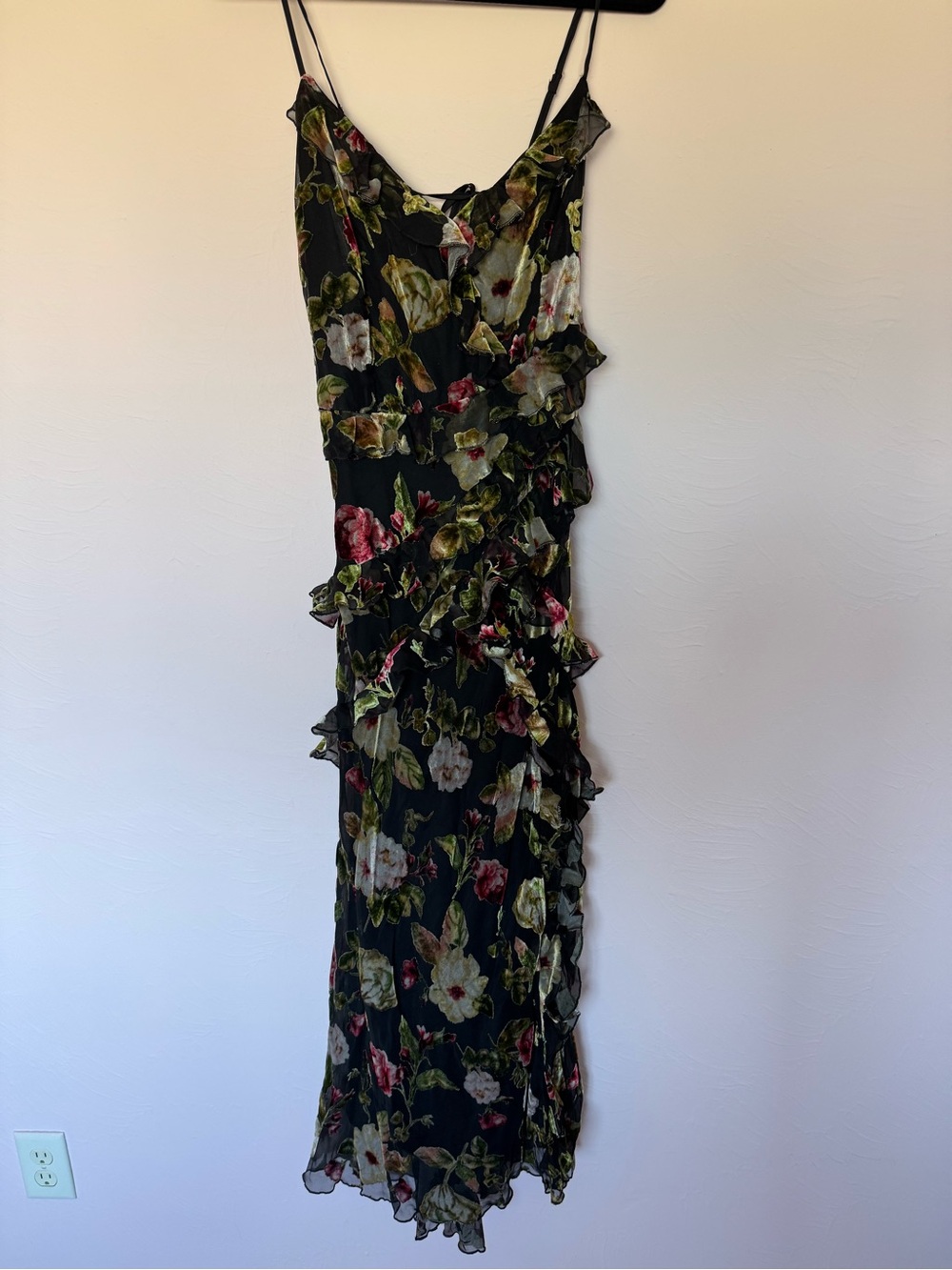 Floral Ruffle Fall Dress - Black with Green & Pink Floral